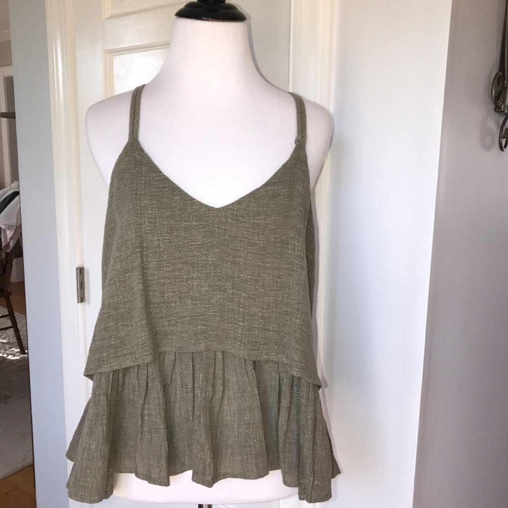 Anthropologie Amadi Pleated Linen Tank, Moss, New